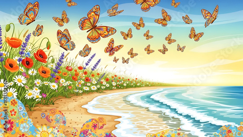 Butterfly Flight Over Summer Beach with Flowers and Decorated Easter Eggs
