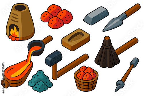 Ancient Metallurgy Icons. Isometric vector illustration set Ancient Metallurgy: primitive furnace, iron-rich ore, lead ingot,