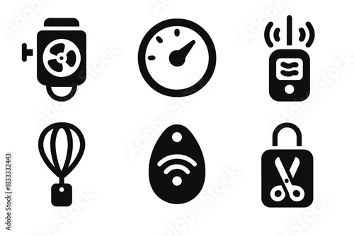 Ballooning Instruments Icons. Line style icons of High-Altitude Ballooning: atmospheric sampling device, air density gauge, CO2