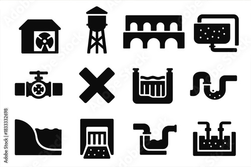 Water Infrastructure Icons. Solid style icons of Water infrastructure: pumping station, water tower, aqueduct, filtration tank,