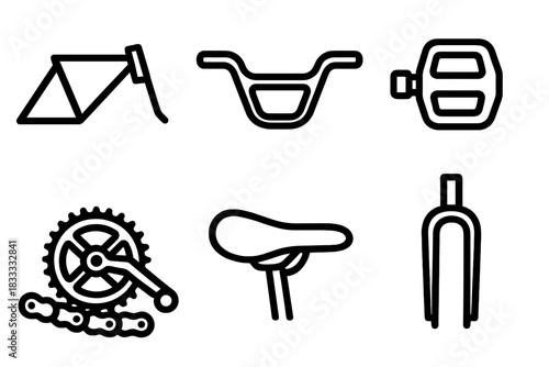 Bicycle Parts Icons. Line style icons of bicycle parts: frame triangle, handlebars, pedals, chain and gear, bike saddle, bike fork