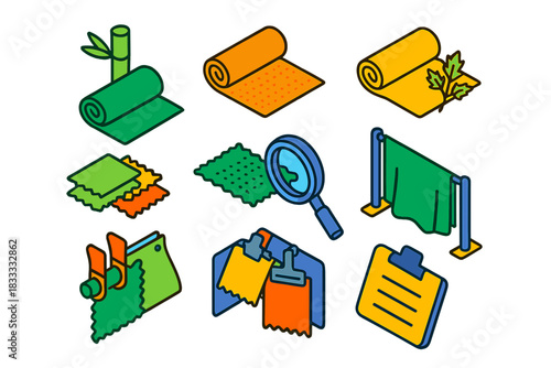 Sustainable Fashion Materials. Isometric vector illustration set Sustainable fashion – bamboo fabric roll, jute fabric roll,