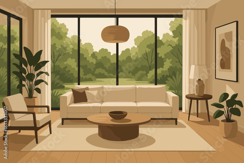 Luxurious Modern Living Room. Luxurious modern living room vector illustration with large windows overlooking a green garden,