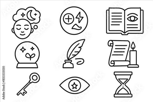 Ancient Divination Icons. Line style icons of Ancient Divination: Dream Reading, Symbol Guide, Old Text, Future Vision; Crystal