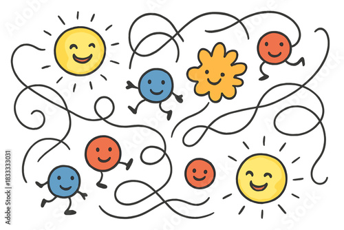 Playful Quantum Party. Friendly doodle quantum interaction scene with smiling photons and gluons, cartoon electrons and quarks