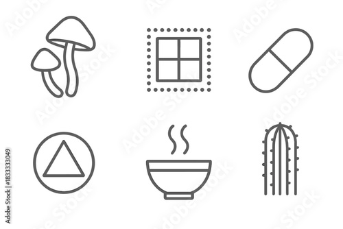 Psychedelic Substance Icons. Line style icons of psychedelic substances used: psilocybin mushroom, LSD blotter square, MDMA
