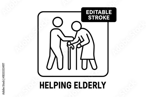 Caretaker assisting an older person with a cane inside a rounded square icon frame