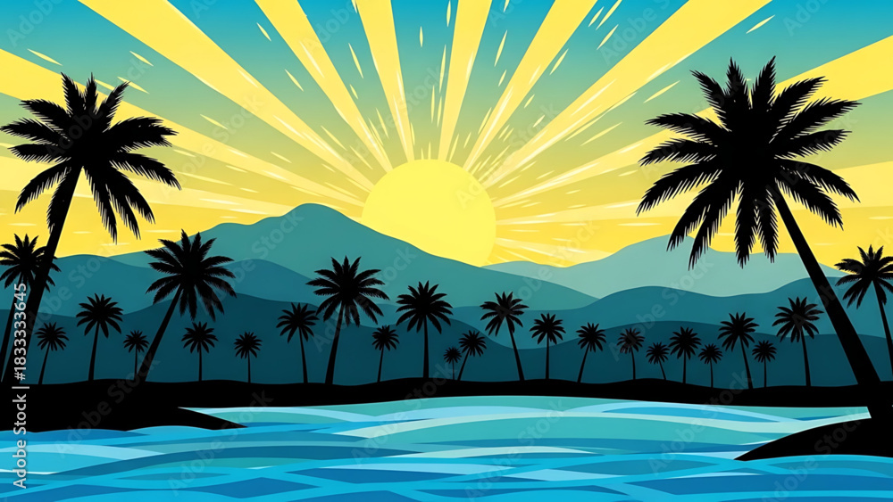 Fototapeta premium Exotic tropical beach sunset with palm trees and calm blue water.