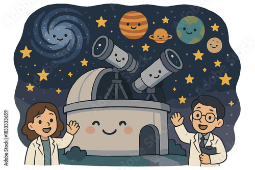 Joyful Space Exploration. Galaxy observatory with telescopes smiling, scientists waving, and exoplanets parading across the sky No