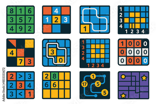 Recreational Math Icons. Flat vector icons of recreational math puzzles: magic square, number crossword, Latin square, Kakuro grid