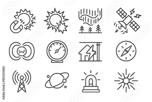 Electromagnetic Events Icons. Line style icons of Electromagnetic Events: Geomagnetic Storm, Solar Flare, Aurora Glow, Satellite