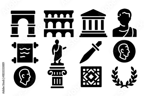 Ancient Rome Icons. Solid style icons of Ancient Rome: Arch, Aqueduct, Forum, Temple, Scroll, Statue, Dagger, Bust, Coin, Column,