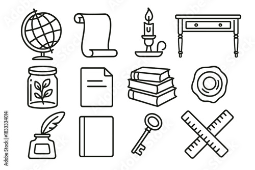 Naturalist Study Icons. Line style icons of naturalist study: globe, scroll, candle stand, writing desk; specimen jar, paper sheet