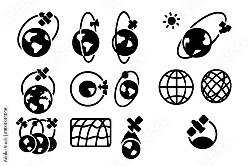 Satellite Orbit Icons. Solid style icons of satellite orbits: geostationary satellite, polar orbit, sun-synchronous path, low