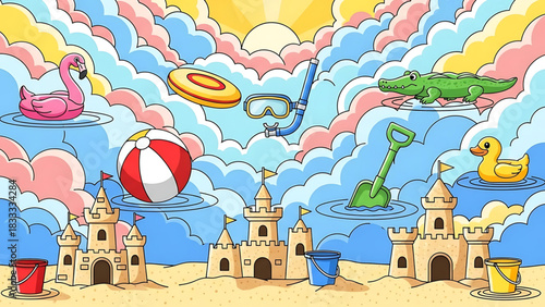 Vibrant beach scene with sandcastles and playful floating beach toys.