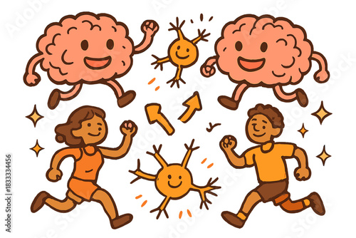 Happy Brain Visualization. Joyful doodle mental endurance visualization with happy brain icons, cartoon neurons firing, smiling