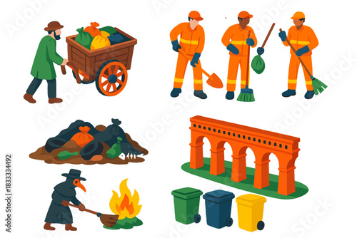 Waste Management Evolution. Isometric vector illustration set History of waste management: garbage carts in city streets, landfill