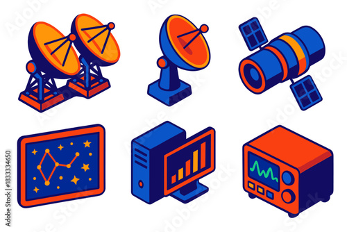 Space Observation Tools. Isometric vector illustration set Space Observation Tools: radio telescope array, satellite dish,