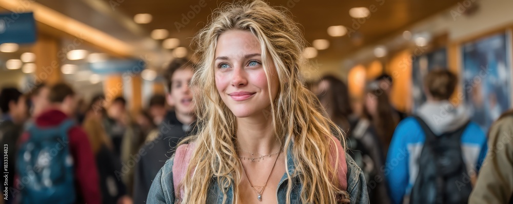 Fototapeta premium Smiling blonde woman in a crowded hallway setting during daytime