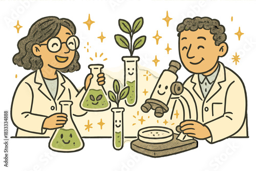 Joyful Scientific Discovery. Whimsical doodle modern-traditional fusion lab with happy scientists, smiling herbal samples, cartoon