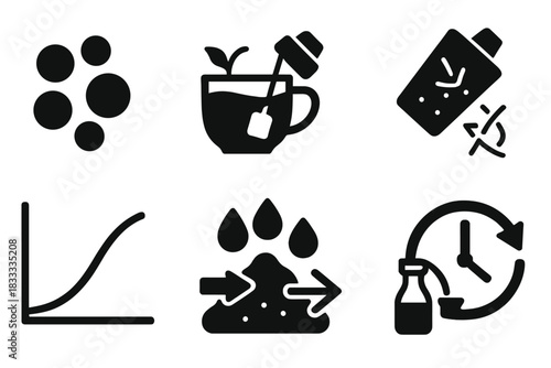 Ingredient Science Icons. Solid style icons of ingredient preparation science: pearl starch granules, steeped tea leaves, shaking