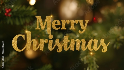 Merry Christmas Greeting With Golden Lettering Against a Festive Holiday Back...