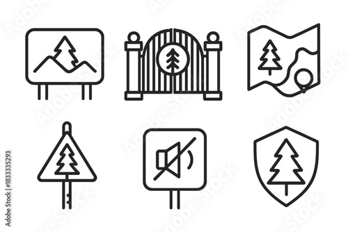 Forest Bathing Icons. Line style icons of forest bathing locations: national park entry sign, forest sanctuary gate, eco-reserve