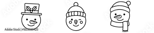 Cartoon-style Christmas snowman icons with winter accessories and cheerful expressions.