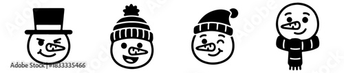 Cartoon-style Christmas snowman icons with winter accessories and cheerful expressions.