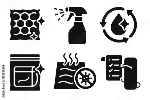 Hygiene Essentials Icons. Solid style icons of wrap maintenance and hygiene: air pad clean icon, disinfect spray glyph, hygiene