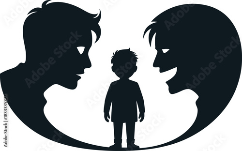 Silhouette illustration of parents arguing over a child depicting family conflict divorce and the impact on children