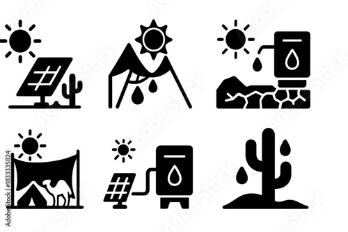 Desert Harvesting Icons. Solid style icons of harvesting in desert environments: desert panel with droplets, sandy fog trap, arid