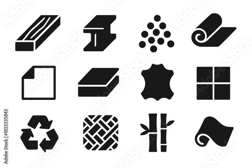 Material Selection Icons. Solid style icons of material selection: wood plank, steel beam, plastic pellet, fabric roll, glass