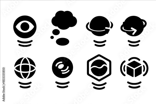 Interactive Orbs Icons. Solid style icons of floating interactive orbs: observer-activated sphere, hovering thought bubble,