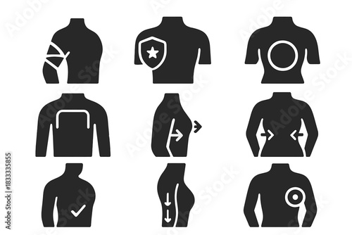 Upper Body Icons. Solid style icons of upper body air contouring: arm sculpt wrap, shoulder pressure badge, chest toning ring.