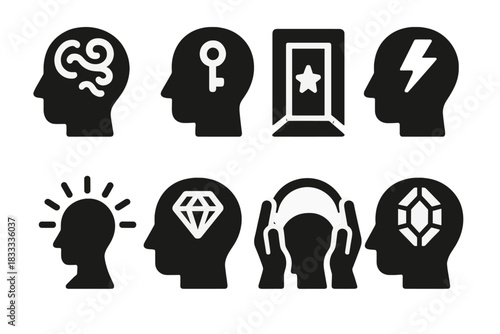 Latent Ability Icons. Solid style icons of latent ability enhancers: subconscious stimulators, psi-potential unlockers, dreamgate