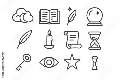 Esoteric Prophecy Icons. Line style icons of Esoteric Prophecy: Dream Interpretation, Symbol Guide, Ancient Text, Future Insight;