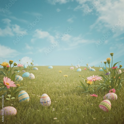 Colorful Spring Garden Scene With Decorated Eggs Among Blooming Flowers and B...