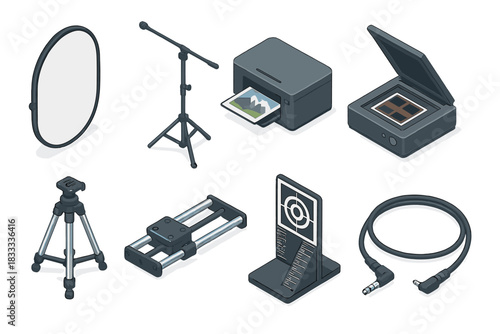 Photography Equipment Isometric. Isometric vector illustration set of Camera and Photography: photo reflector panel, boom arm