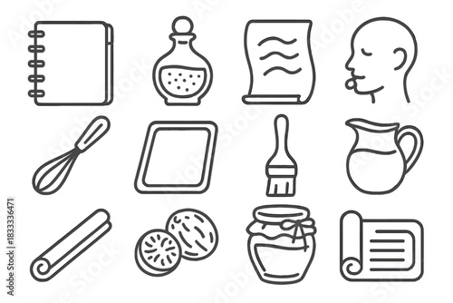 Memory Kitchen Icons. Line style icons of Memory Kitchen: Old Notebook, Peculiar Spice, Cursive Script, Taste Memory; Whisk,