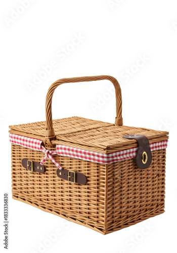 Traditional wicker picnic basket with leather and gingham, on transparent studio background with copy space, concept of nostalgic outdoor leisure