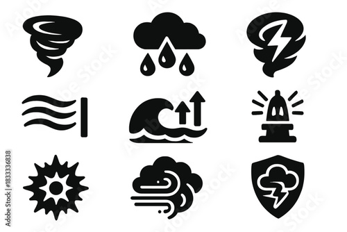 Planetary Weather Icons. Solid style icons of planetary weather hazards: alien tornadoes, acidic rain icons, lightning vortexes.