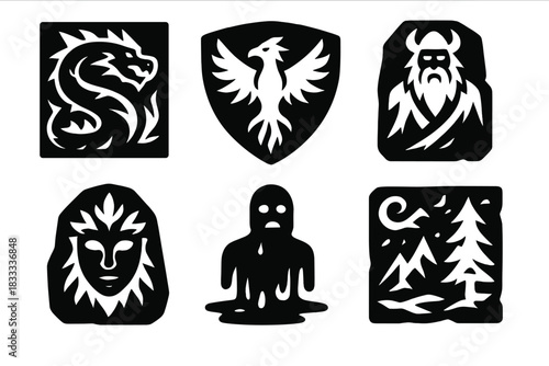 Mythical Ice Icons. Solid style icons of mythological ice figures: frosty dragon panel, ice phoenix carving, glacier deity badge.