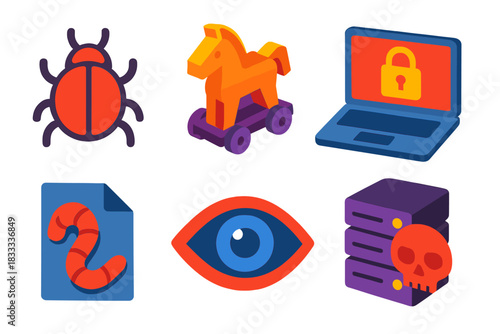 Malware Icon Set. Isometric vector illustration set Malware and Threats: virus bug icon, Trojan horse, ransomware screen, worm