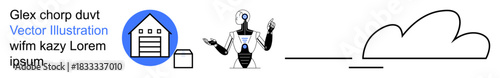 Cloud computing, automation, robotics, warehouse management, machine learning, AI technology. A robot between warehouse and cloud icons. Cloud computing and automation concept