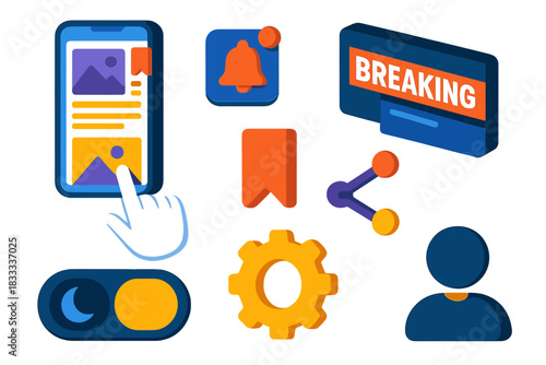 Isometric News Icons. Isometric vector illustration set News and media – news app mobile, push notification, breaking news banner;