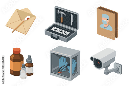 Forensic Science Toolkit. Isometric vector illustration set Forensic science: blood swab inside envelope, toolmark analysis kit,