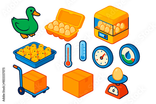 Farm Animal Icons. Isometric vector illustration set Farm animals – duck, egg carton, incubator; hatchling tray, thermometer,