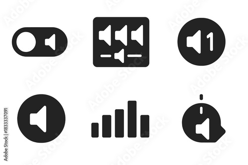 Audio Channel Icons. Solid style icons of audio-channel selection tools: toggle icon, multi-channel glyph, selector badge. Audio