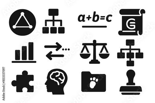 Aristotle's Logic Icons. Solid style icons of Aristotle's logos: geometric diagram, logic tree, math equation, scroll of reason,